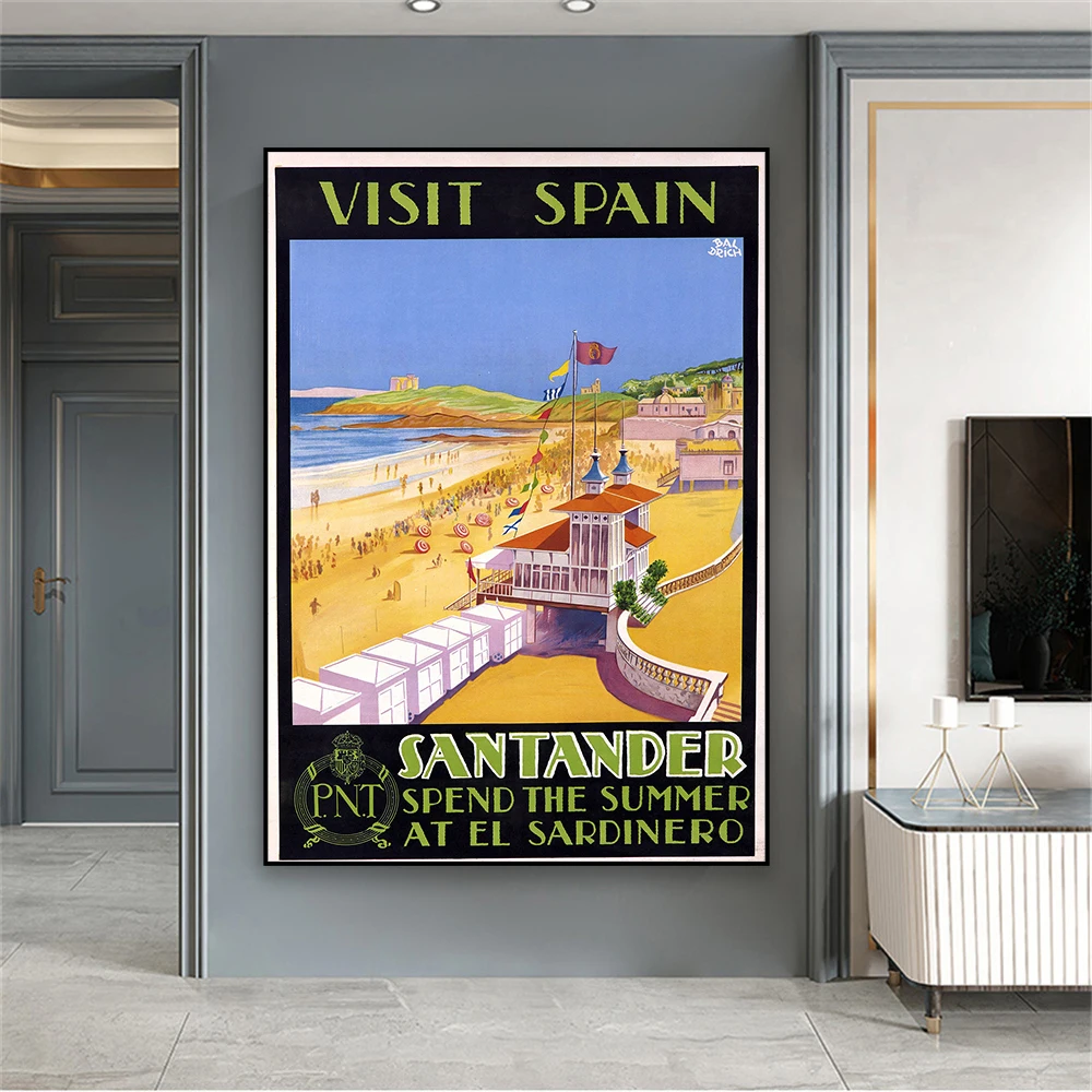 لوحة قماش عتيقة للسفر من Santander لوحة قماش إسبانية للسفر مطبوعات على شكل سكك حديد عتيقة تزيين المنزل لغرفة المعيشة