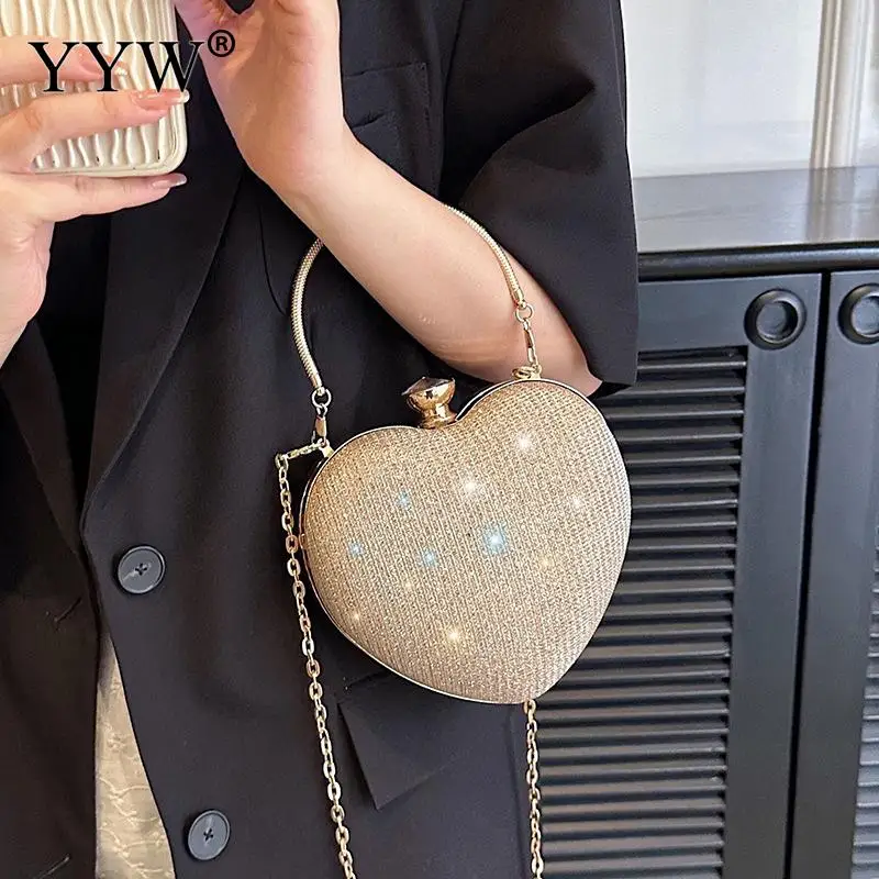 Sequins Love Heart-Shaped Evening Handbag Crystal Diamond Clutch Bag Top Handle Wedding Party Mini Purse Shoulder Messenger Bag