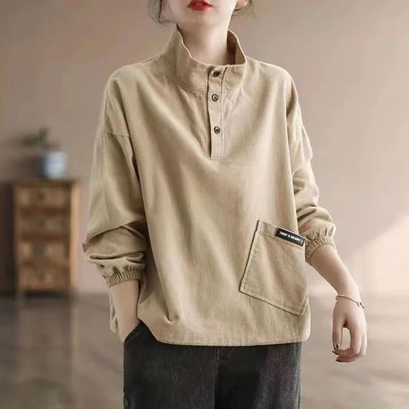 Fashion Stand Collar Button Pockets Corduroy Blouses Women\'s Clothing 2023 Autumn Winter Oversized Casual Tops Commuter Shirts