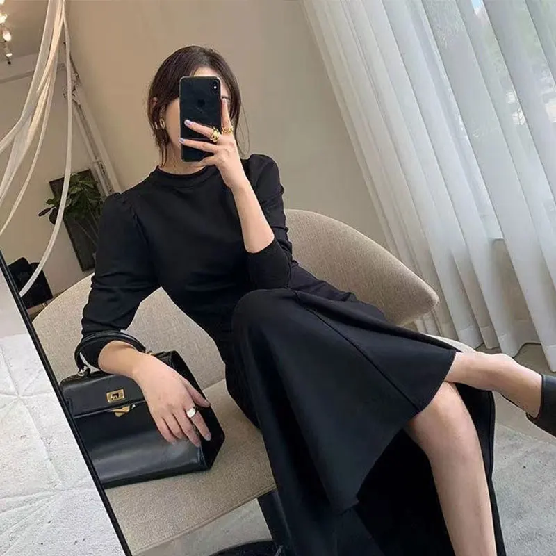 Elegant Fashion Harajuku Slim Fit All Match Women\'s Clothing Loose Casual Mid Length Skirt Solid Patchwork Long Sleeve Dresses