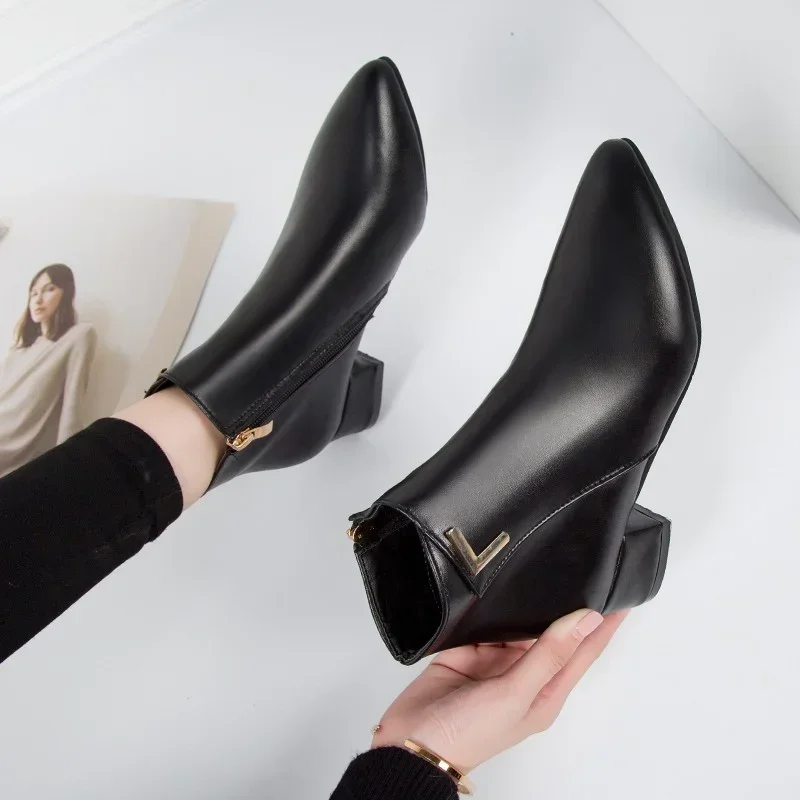 2026 New Style Fashion Women's Boots Casual Leather High Heels Spring Women's Shoes Pointed Toe Side Zipper Office High Heels 42 image 4