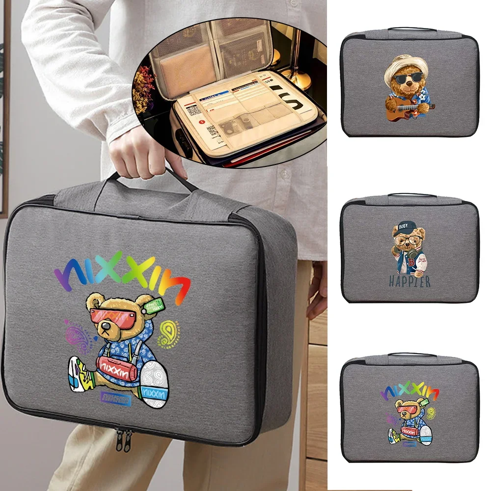 

Men Handbags Documents Organizer Briefcase Bear Print Travel Waterproof Credentials Luggage Storage Safe File Lockbox Women Bag