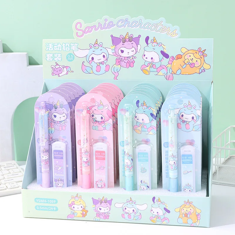 Sanrio Mechanical Pencil 12/24pcs Cinnamoroll Melody Pencil Lead Set 0.5mm Student School Supplies Children's Stationery Gifts