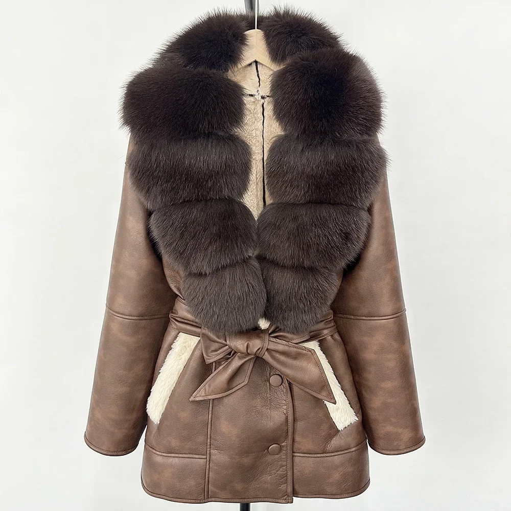 Retro Lamb Fur Jacket Natural Fox Fur Coat Fashion Warm 2025 Women Large Thick Belt Winter Parkas Outwear Female Real Fur Coat