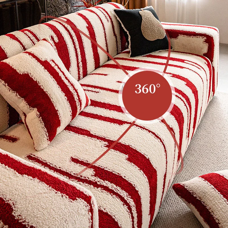 Striped Contrast Polar Fleece Sofa Cover Red Elastic Plush Couch Slipcover for Office Living Room Furniture Protector for Winter