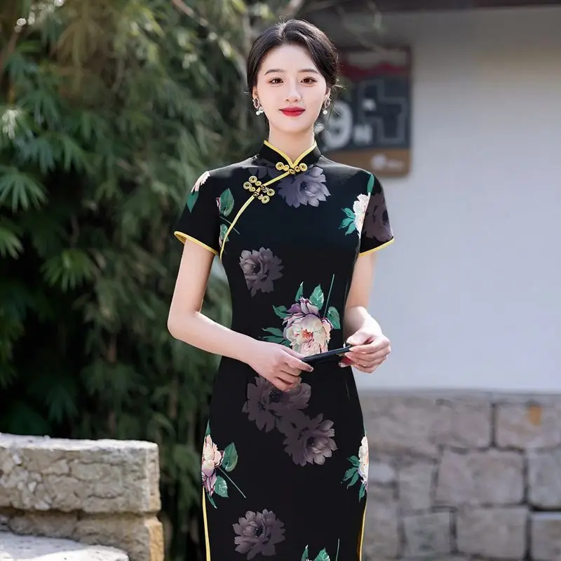 

Черное платье Cheongsam Premium, тонкое современное платье Ципао 2025 года, шикарное длинное платье в китайском стиле, женское платье для чайной церемонии