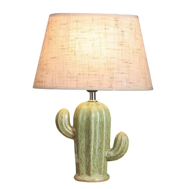 Cactus Ceramic Table Lamp, Nordic Pastoral Linen Shade, Home Bedside Decor Night Light for Bedroom Study