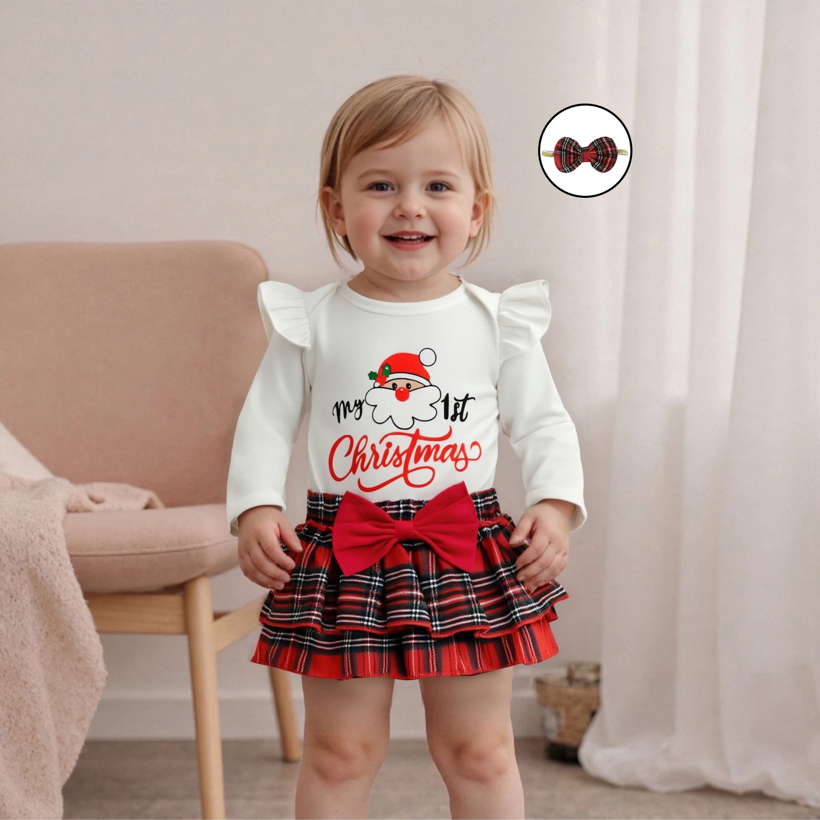

Baby Xmas Clothing Girl Christmas Outfit Long Sleeve Letters Print Romper with Plaid Shorts Bow Headband