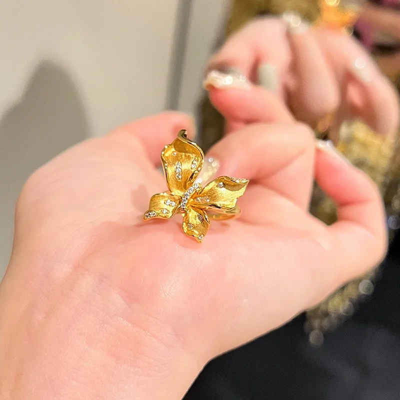 

925 Sterling Silver Gold Zircon Flower Butterfly Rings For Women Couple Engagement Elegant Luxury Jewelry Accessories Jewellery