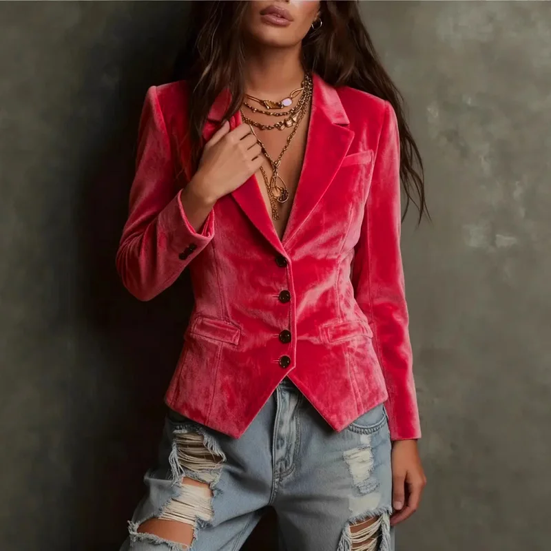 

Velvet Blazers for Women Jacket Single Breasted Suit Collar Blazer Coat Solid Long Sleeve Simple Fashion Female Outerwear