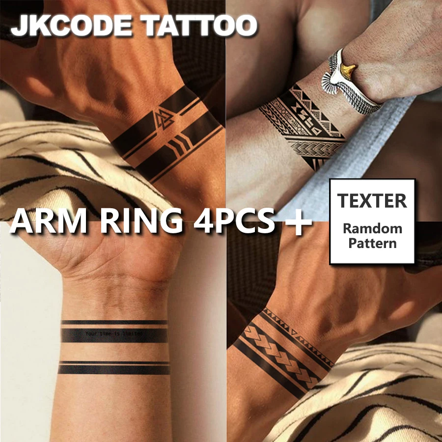 4-Piece Set - Dual-Purpose Arm Ring Tattoo - Arm Ring Tattoo Stickers with Dark Viking Symbols, Dual-Use for Men, Women, and Couples, Geometric Patterns, Long Strip-Shaped Wristband Temporary Tattoo, Lasts for 3-7 Days