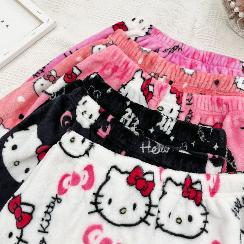 Sanrio Hello Kitty Y2k Shorts Flannel Soft Women's Pyjama Trousers High Waist Wide  Leg Hot Pants