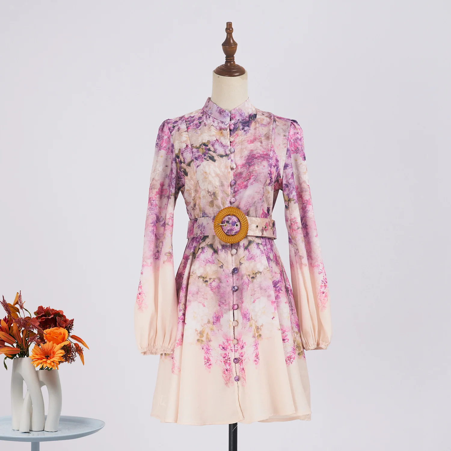 

Women's dress design single-breasted long-sleeved printing with belt