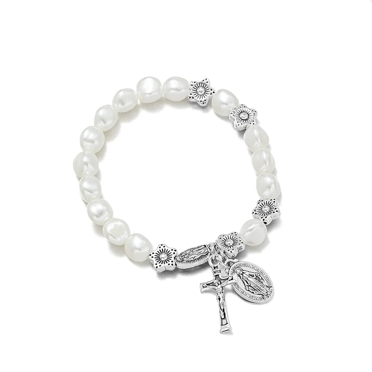 قطعة واحدة من سوار زهرة اللؤلؤ المقلد الغريبة على الموضة الرجعية مع صليب، علامة يسوع، شرابة، للجنسين، متعدد الاستخدامات للارتداء اليومي #5