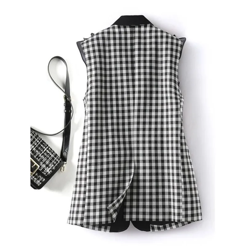 2024 Autumn New Chinese Vest Women Vintage Suit Plaid Casual Splicing Flounces Sleeveless Jacket Vests Outwear Female