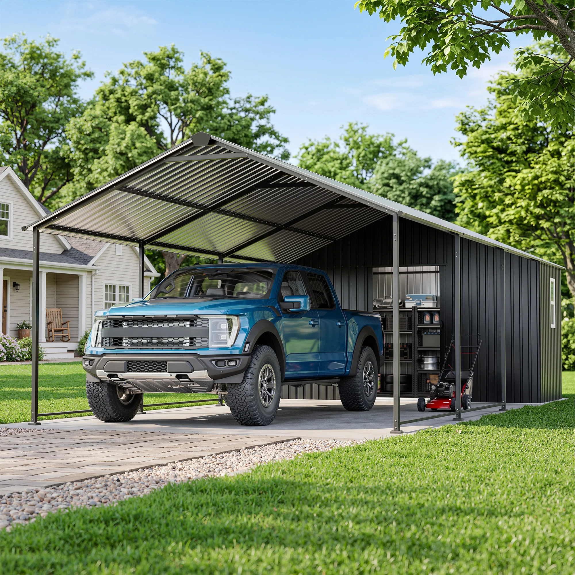 12x25 FT Metal Carport and Storage Shed Combo, Heavy Duty Galvanized Steel Garage with 12x20 FT Car Shelter, 12x5 FT Shed, Sliding Door & Entry Ramp for Truck, Boat & Tools