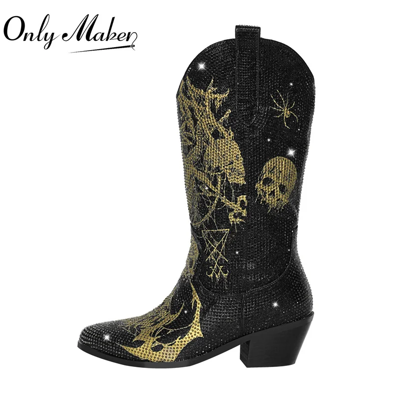 

Onlymaker Women Rhinestone Handmade Mid-calf Western Boots