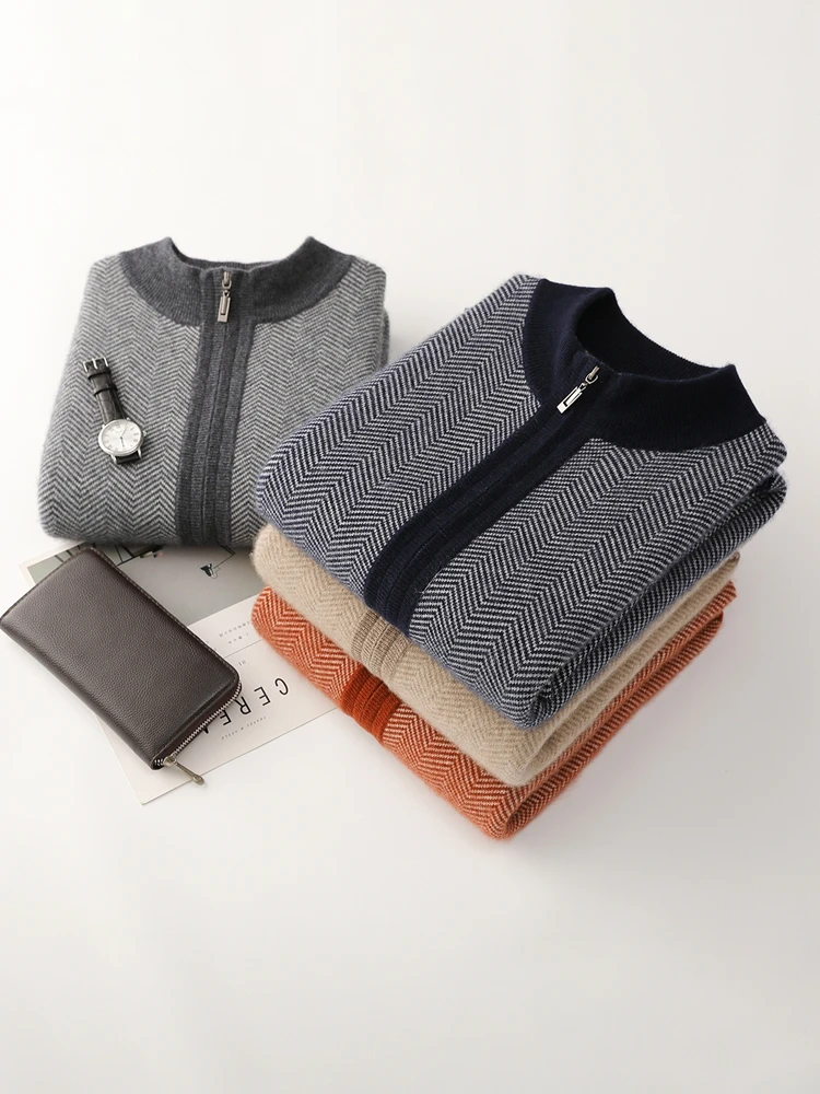 

2025 Man Clothes Autumn Winter O-Neck Jacquard Cardigan Thick Soft Warm Zipper Knitwear 100% Merino Wool Sweater Business Tops