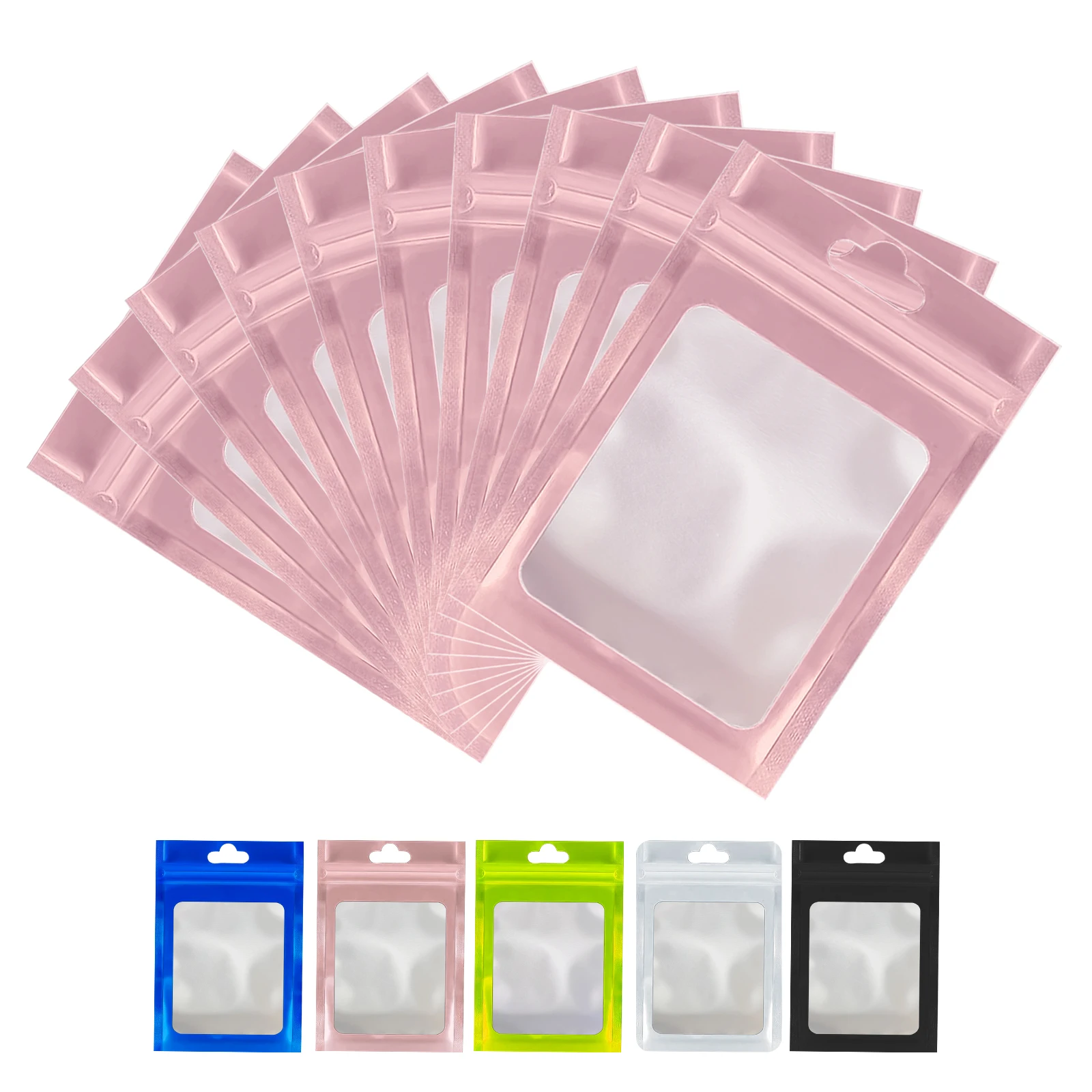 100Pcs/Lot Clear Matte Pink Zip Lock Grip Seal Bag with Hang Hole Reclosable Tear Notch Flat Pouches for Food Snack Tea Candy