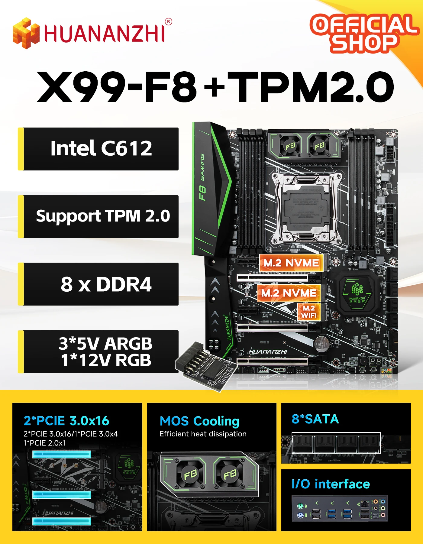 HUANANZHI X99-F8+TPM2.0 LGA 2011-3 XEON X99 Motherboard Kit Support ARGB DDR4 ATX