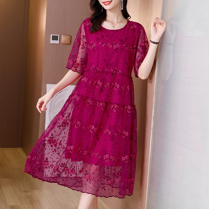 Summer Purple Mesh Embroidery Hollow Out Sexy Midi Dress Women Kroean Vintage Loose Waist Dress 2024 Elegant Casual Party Dress