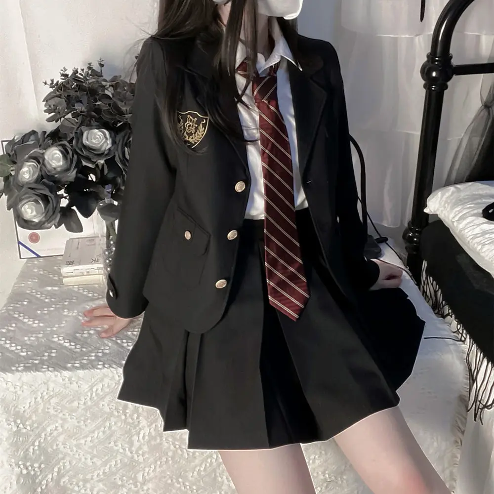 Middle High School Korean Seifuku Japanese Jk Uniform Black Blazer Suit School Clothes Girl Students Jacket Pleated Skirt Suit