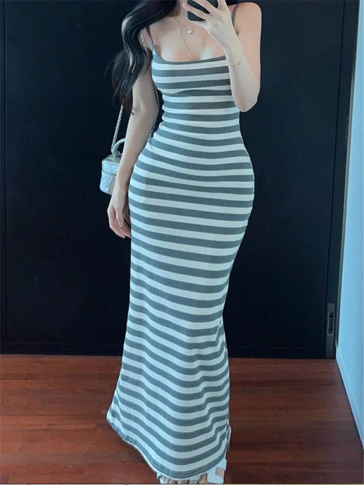 Moda cor contraste listrado slash neck longo deslizamento vestido de férias verão sem mangas sexy sem costas bodycon lápis suspender vestido
