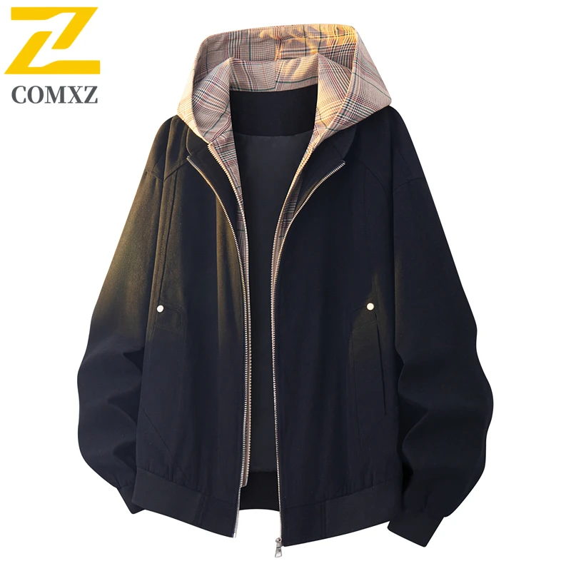 

COMXZ Color Blocked Jacket Men 2025 Fake Two Piece Trendy Versatile Comfortable Breathable Hooded Coat Outdoor Casual Loose Coat