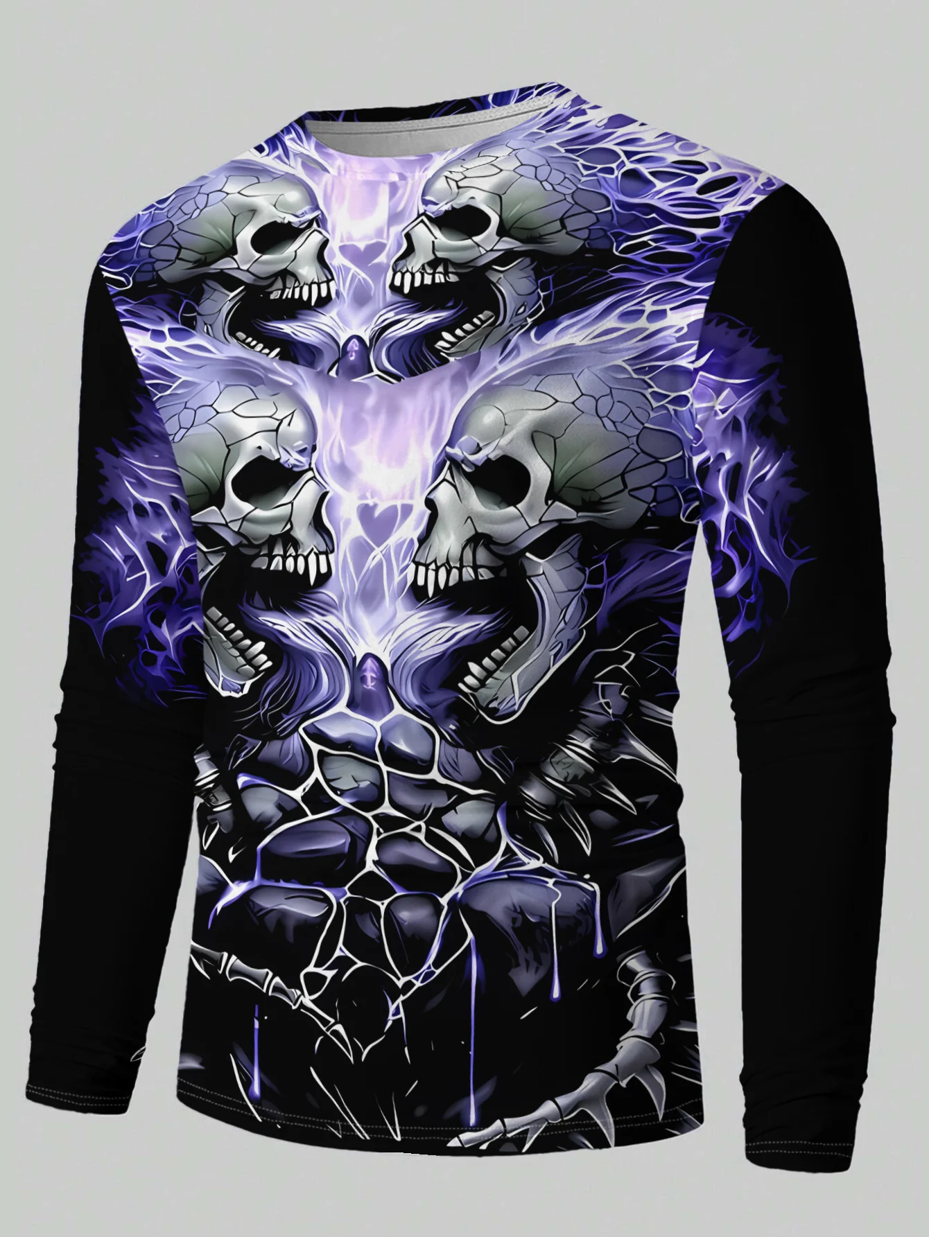 Men Halloween Purple Flame Multi‑Skull Graphic Long Sleeve T‑Shirt 3D Print Crew Neck Casual Pullover Streetwear Tops