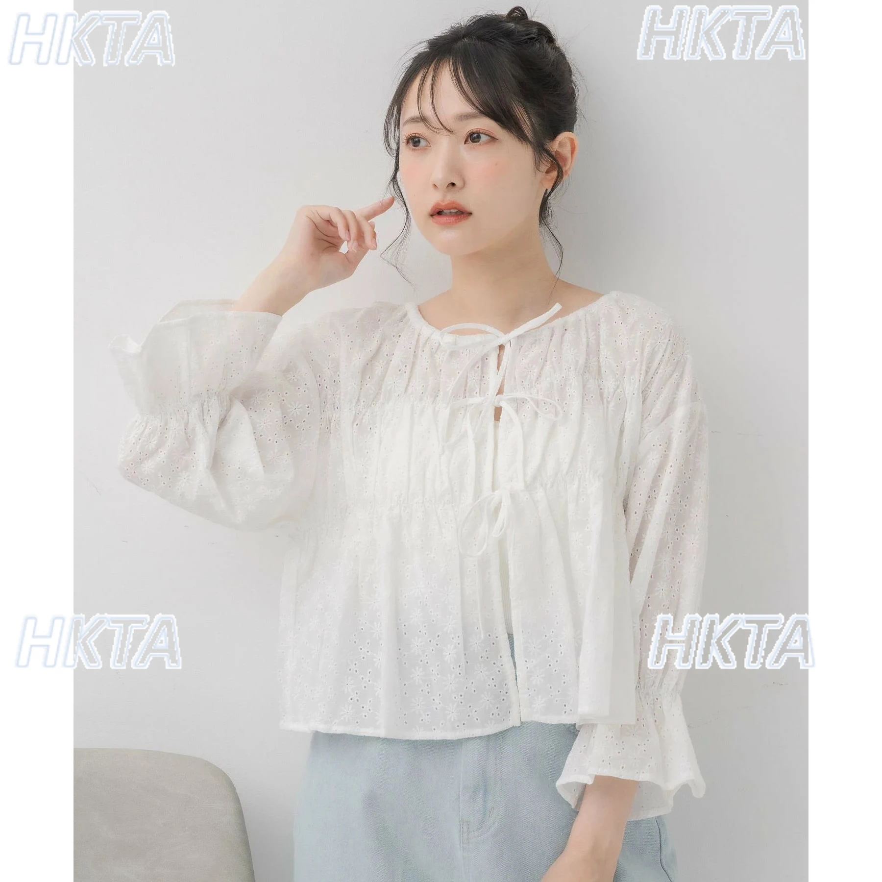 

Japanese Style Sweet Cotton Hollow Lace Up Petal Sleeve White Shirt Women Sweet Commuting Versatile Loose Short Blouse Blusas