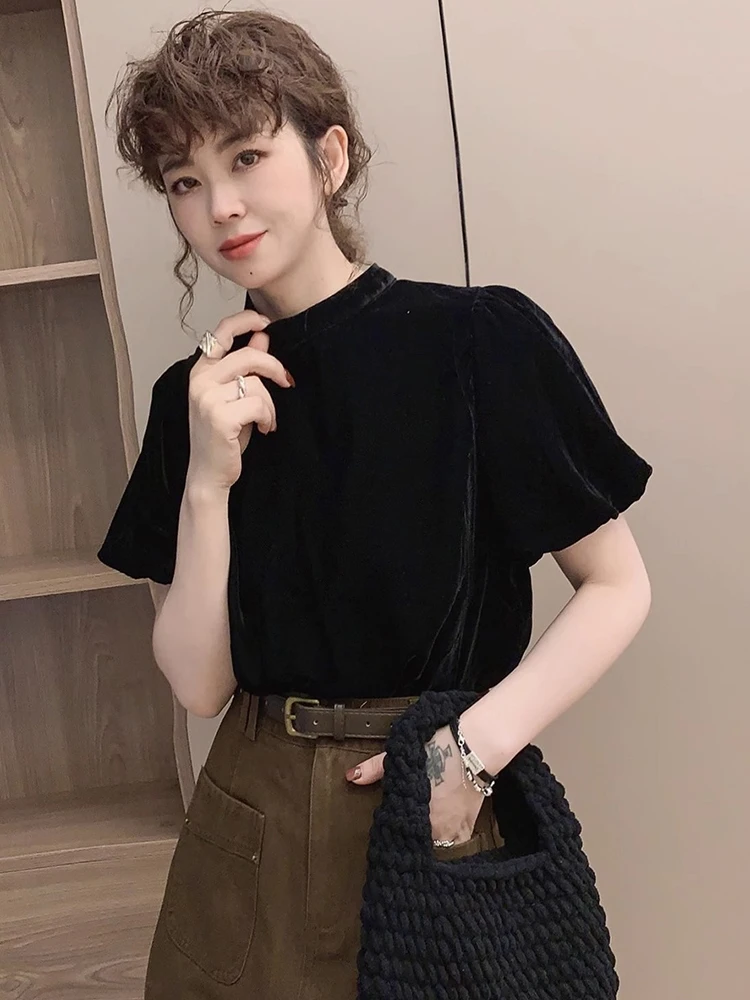 Slimming Velvet Bubble Sve T-irt Comfortable Versatile Women's Base irt Korean Sle round Ne ort Sve Top