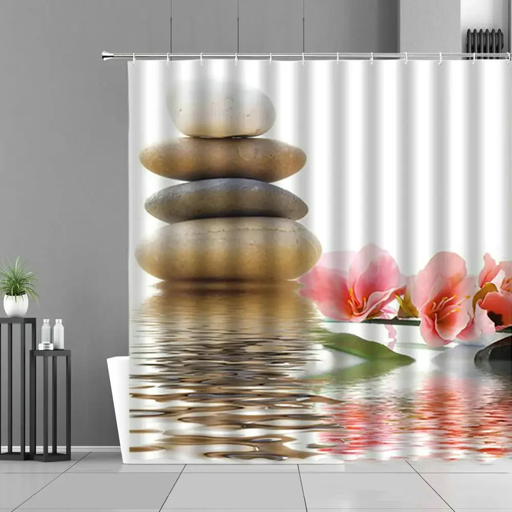 Green Bamboo Zen Stone Shower Curtains Lotus Flowing Water Zen Landscape Shower Curtain Home Bathroom Decoration Set with Hooks