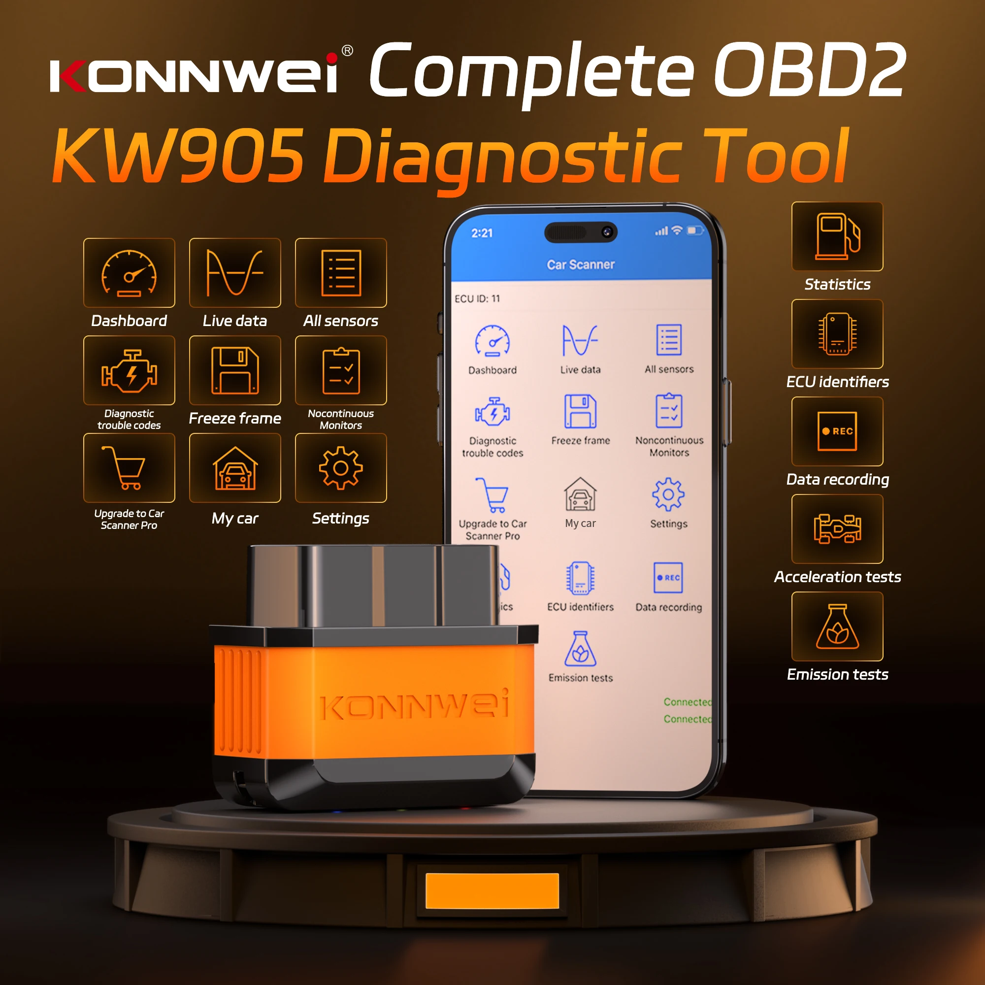 KONNWEI KW905 ELM327 OBD2 Scanner Bluetooth 5.0 Engine Fault Scanner Tool OBDII Code Reader Diagnostic Tool for Android/IOS