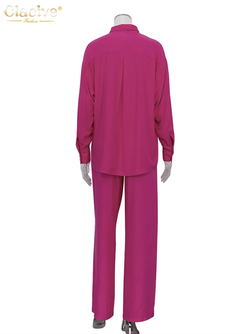 Clacive Casual Losse Roze Vrouwen Sets Mode Lange Mouwen Hoge Taille Broek Tweedelige Set Elegante Rechte Broek Pak