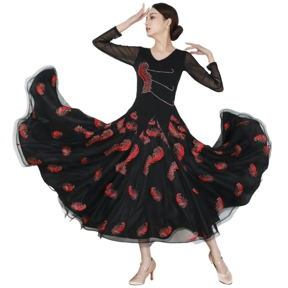 Standard Dance Women Competition Costume V-neck Rhinestone Gauze Flamenco Skirt Ballroom Dance Long Sleeve Practice Clothes
