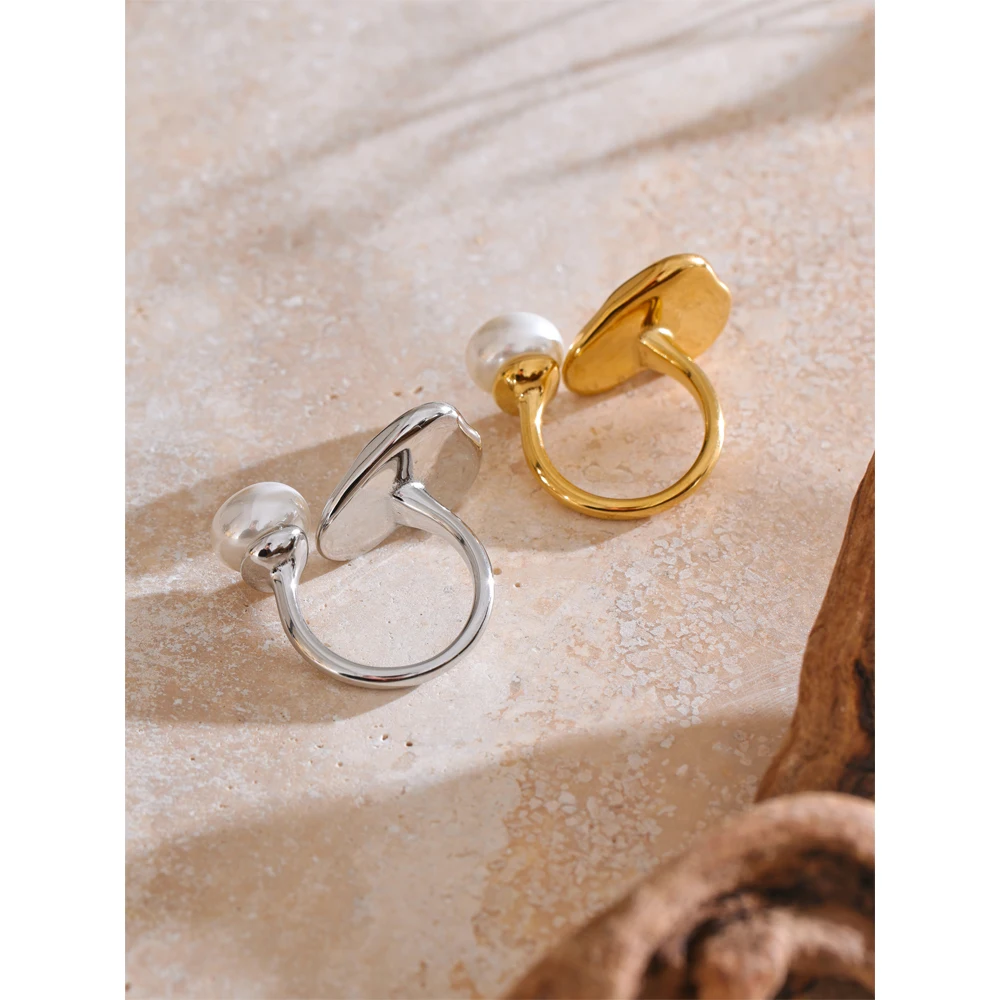 Yhpup Elegance Stainless Steel Simulated Pearls Heart Love Adjustable Ring for Women Trendy Chic Jewelry Accessories
