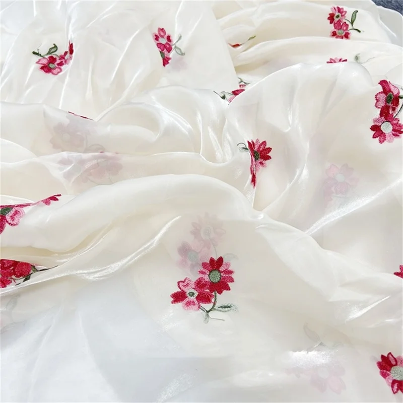 1 yard Chenille Red Flowers Embroidery Organza Fabric Fabric for Flower Girl Skirt Apparel Engagement Curtains Summer Dress