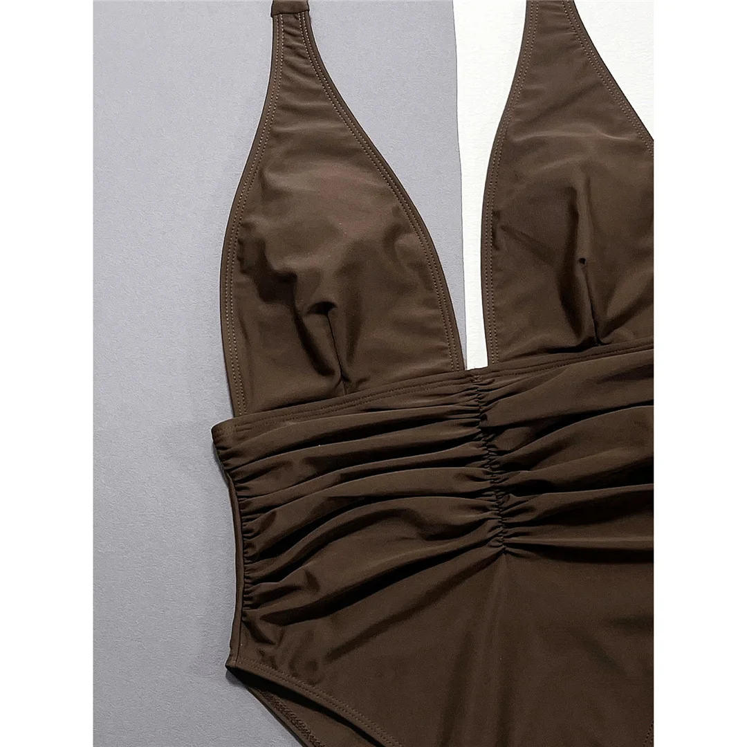 2026 Schwarzer, brauner, sexy, tief ausgeschnittener, geraffter Einteiler-Badeanzug für Damen, Badebekleidung, weiblicher Badeanzug mit hohem Beinausschnitt, Badeanzug V7292 – Detail 17
