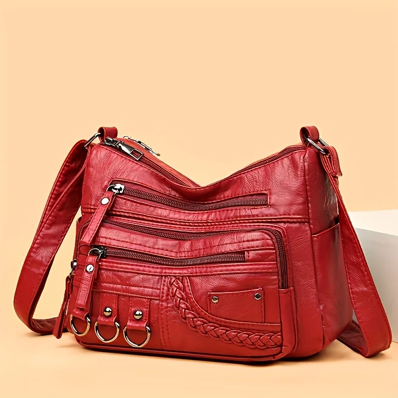 Women'S Large Capacity Shoulder Crossbody Bag, Multi Layer Zipper Pocket Synthetic Handbag Purse with Golden-Tone Hardware view 5
