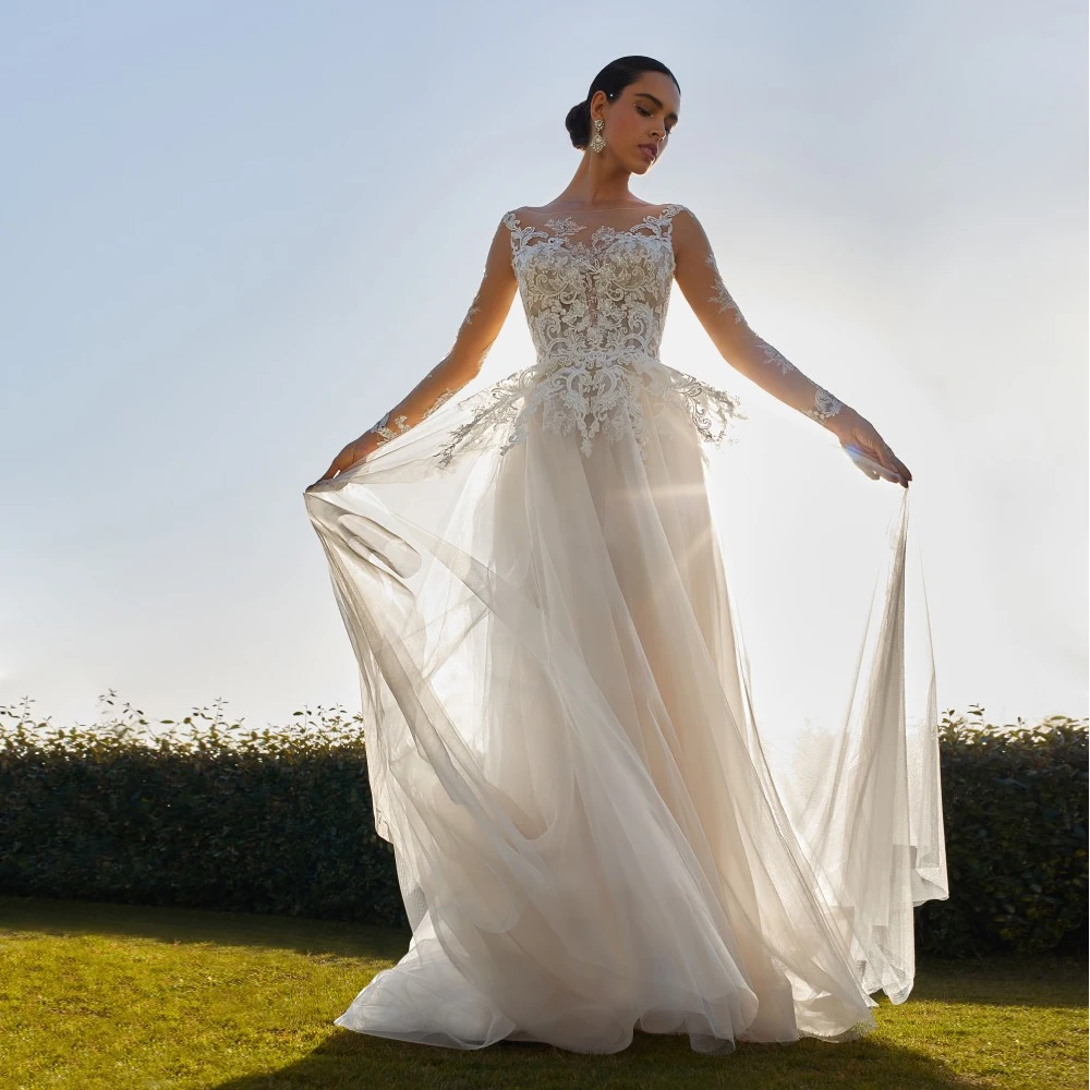 Gaun Pengantin A Line Kustom Gaun Pengantin Lengan Penuh Leher Perahu Applique Renda Ritsleting Belakang Ilusi Baru Vestido De Novia