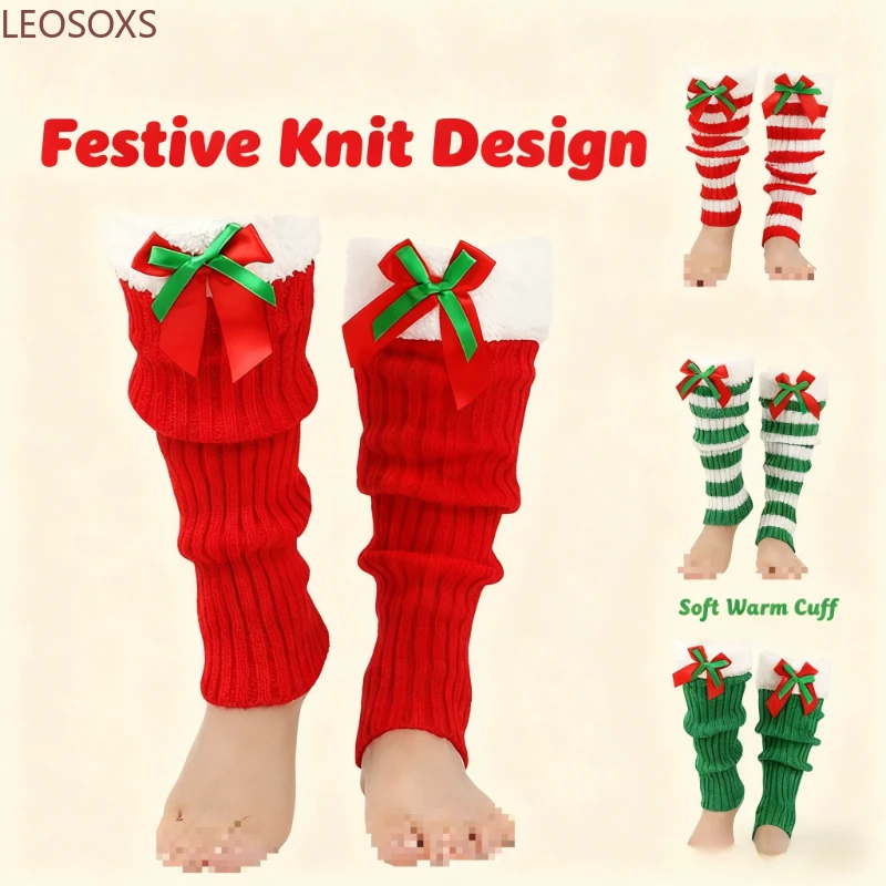 Knit Stocking Solid Color Velvet Christmas Stocking for Women Warm Knit Pile Leg Warmers Foot Warmers Bow Wooly Stocking