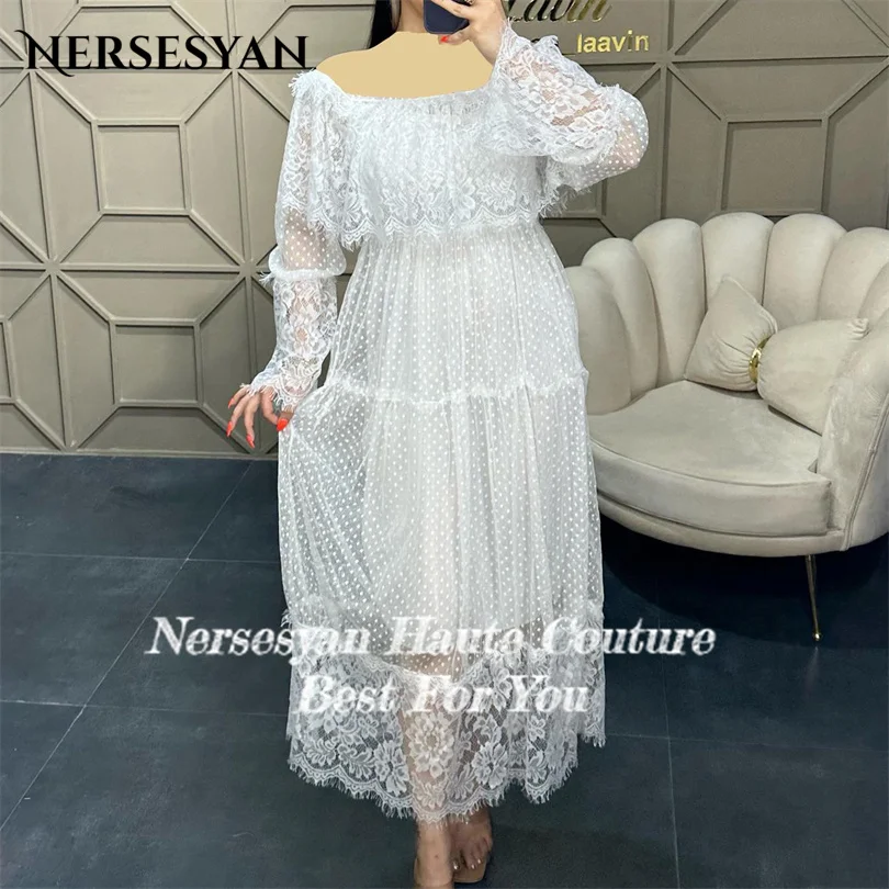 Nersesyan-فساتين سهرة أنيقة مزينة بالدانتيل ، بدون أكتاف ، أكمام طويلة ، فساتين رسمية للحفلات ، فستان بطيات على شكل خط