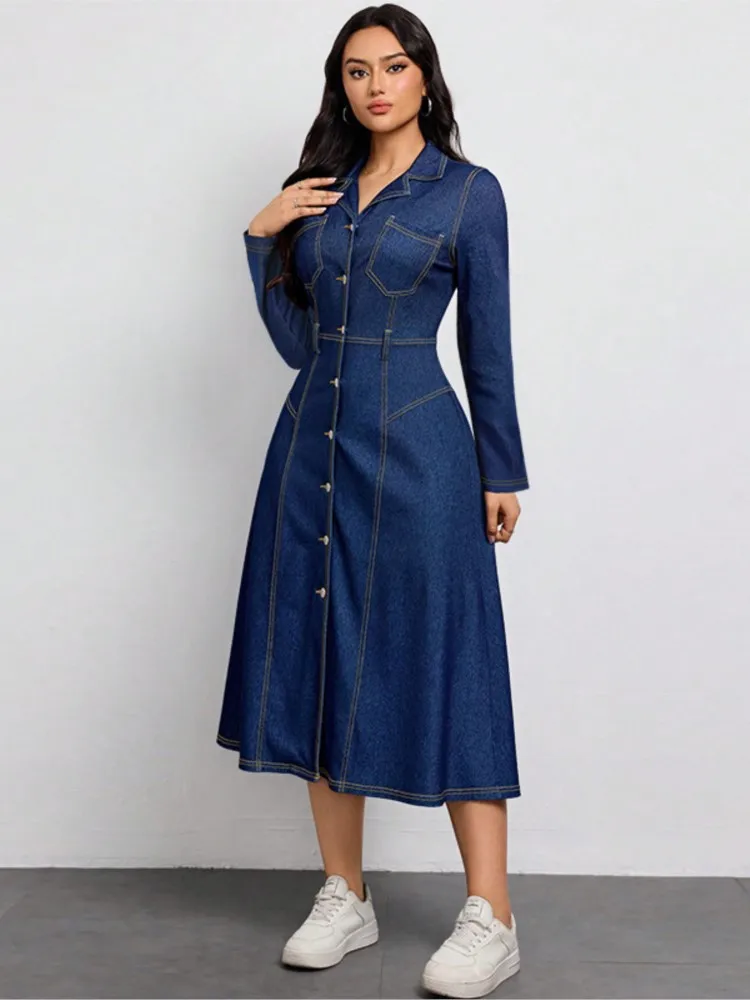 Denim Autumn Shirts Dress Women Slim High Waist Retro Fashion Ladies Shirts Dresses Ruffle Pleated Woman Dress