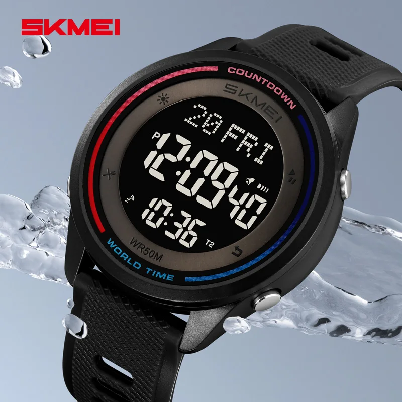 

Мужские спортивные часы SKMEI 2348, модные цифровые LED-часы с таймером обратного отсчета, водонепроницаемые, многофункциональные.