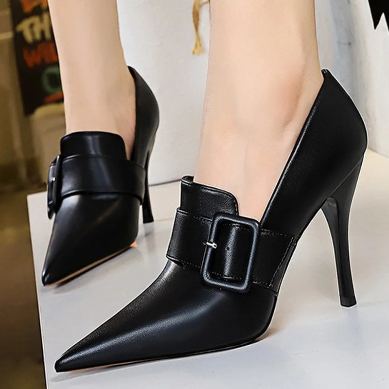 2024 New Pointed Shoes Women Pumps Belt Buckle Decoration High Heels Pu Leather Shoes Female Stilettos Heels Office Career Pumps