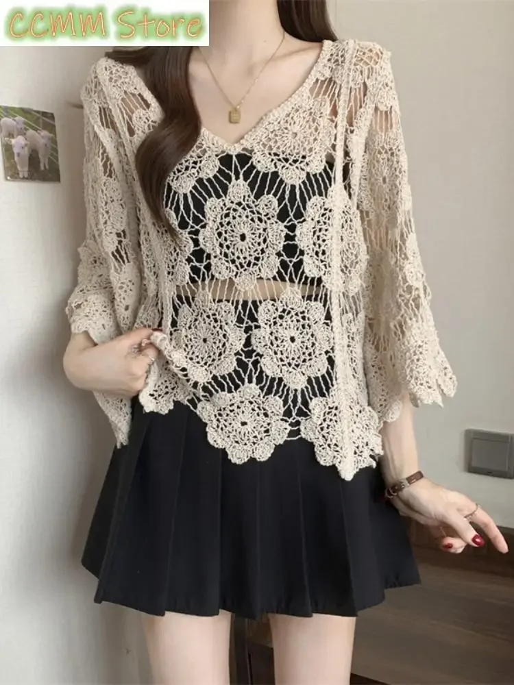 Top de punto calado de encaje para mujer, Top de verano talla ort plus transparente coreano Sle V Ne Long Sve, suave y cómodo