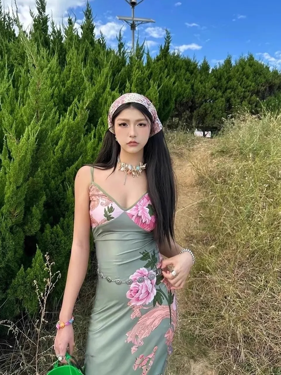Vintage Floral Vneck Sling Dress Sexy Laceup Cleanfit H Version Polyester Fabric Sexy Laceup Vneck Sling Dress for Vacation