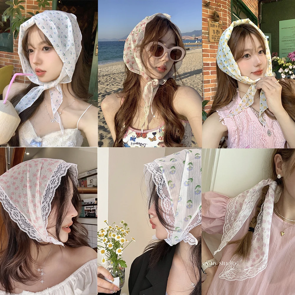 New Girl Lace Pastoral Style Headbands Hair Scarf For Women Floral Butterfly Hairbands Headwrap Fashion Turban Hair Accessories