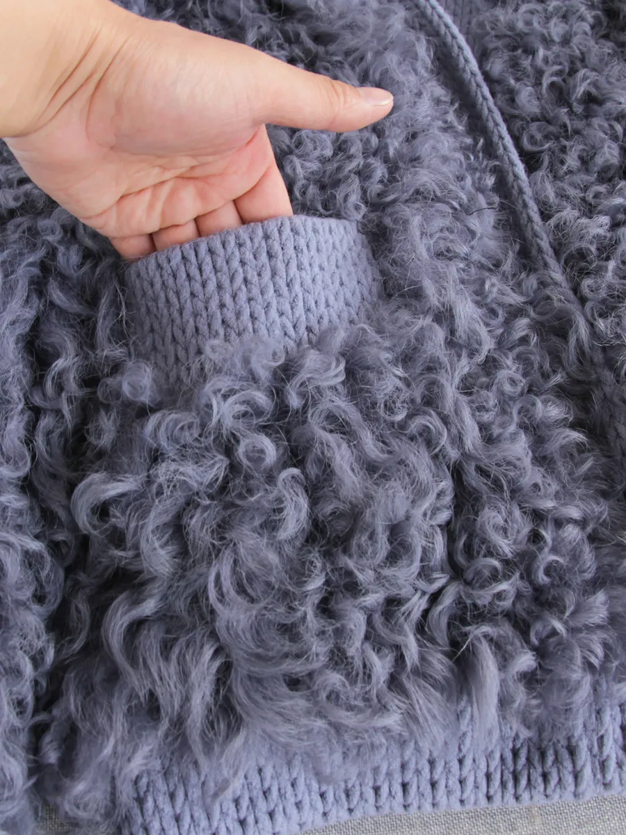 2025 imported lamb fur jacket V-neck silhouette fashion hand-woven wool coat ring wool