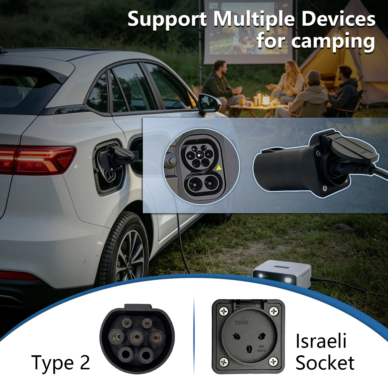 TYPE2 V2L Discharge Adapter 16A Israeli Socket EV Power Vehicle to Load Connector For BYD MG Mazda Jaecoo Deepal Geely EX5 Chery